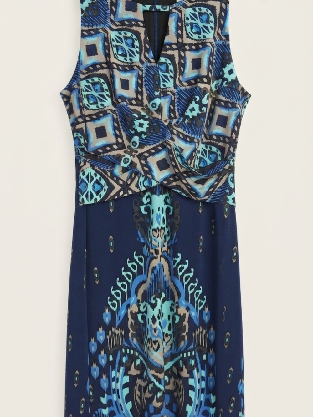 Donna Morgan Navy & Teal Printed Sleeveless Wrap-Style Dress
